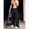 Calça de moletom azul escuro com costura contrastante, perna curva, para homens, outono, bom caimento, calça larga solta, calça esportiva casual americana de peso pesado