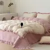 Juego de funda de edredón de algodón y forro polar con ribete de encaje 2026, juego de ropa de cama de cuatro piezas, funda de edredón 100% algodón, algodón puro y forro polar, estilo otoño/invierno