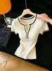 Elegante top de punto de seda helada con cuello en V y manga corta para mujer, primavera/verano 2026, camiseta versátil ligera, corte holgado, talla grande, top de alta gama