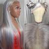 Peluca frontal de encaje de AliExpress, estilo europeo y americano, para mujer, cabello largo y liso, gris plateado, con cubierta superior de fibra química.