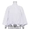 Camisa Branca Casual de Gola Alta Estilo Francês para Mulheres 2026 Novo Design com Mangas Bufantes, Costas Abertas com Amarração Top Solto