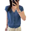 Cardigã de Tricô com Decote V e Manga Curta para Mulheres, Novo Estilo Verão 2026, Emagrecedor e Versátil, Top Camiseta Fina de Seda Gelada com Toque de Luxo