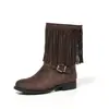 En stock, suministro directo: Botas de mujer de punta redonda, antideslizantes, con tacón grueso, con borlas, de media pantorrilla, con hebilla y detalles de flecos, perfectas para otoño e invierno, botas de mujer versátiles