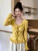 Outono e Inverno Nova Malha com Babados Roupa Externa Feminina Design Emagrecedor Manga Longa Top Estiloso Tendência