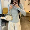 Suéter de punto color azul leche estilo coreano para otoño e invierno, nuevo top texturizado redondo estilo ins, suéter básico ajustado para mujer