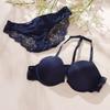 Fivela frontal azul safira alça em Y renda do sutiã conjunto de lingerie feminina