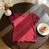 Camiseta Base de Manga Corta Elástica Acanalada Estilo Coreano para Niñas Verano Dulce Estilo Encaje Cuello Encaje Linda Princesa
