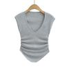 Deseo Puro Estilo Chica Caliente Camiseta Tejida de Manga Corta para Mujer 2024 Verano Nueva Escote en V Profundo Cintura Plisada Top Adelgazante