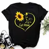 Camiseta Feminina Maycar Casual Kawaii Estampa de Girassol Borboleta Camiseta Confortável Roupas Casuais Femininas Preto