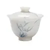 Cuenco Tapa de Pie Alto Boca de Flor Estilo Dinastías Tang y Song, Cerámica Pintada a Mano Azul y Blanco Diseño de Orquídea, Juego de Té para el Hogar, Cuenco Tapa para Preparar Té