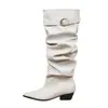 626-1 Botines de estilo perezoso con punta y tacón de bloque bajo con detalle de hebilla, longitud hasta la mitad de la pantorrilla, botines para mujer, venta al por mayor de fábrica para exportación