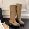 Botas de motocicleta de tubo largo 2026 con hebilla, otoño, pierna ancha, desgastadas, punta redonda, plisadas, botas de tacón grueso retro para mujer