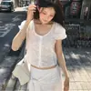 Estilo Ins Coreano 2026 Verão Novo Bordado Jacquard Gola Quadrada Doce Manga Curta Camisa Top Versão Coreana Moda Feminina
