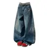 Jeans de pierna ancha retro americanos de talla grande, lavados y deconstruidos para mujer, con diseño de tres rayas y detalles de patchwork.
