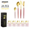 Juego de 4 cuchillos, tenedores y cucharas de acero inoxidable de Amazon transfronterizos. Cuchillo, tenedor y cuchara de acero inoxidable portugués para comida occidental. Caja de regalo de 24 piezas.