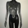 Amazon Transfronterizo Europeo y Americano Nuevos Tops de Malla de Manga Larga Malla Diamante Brillante Sexy Camiseta Dulce y Picante Tops de Malla