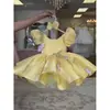 Vestido de menina em estilo doce, vestido amarelo de manga bufante, vestido de princesa para aniversário, vestido fofo, vestido estilo francês para um ano de idade