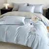 Juego de Ropa de Cama de Algodón Puro de Fibra Larga de 4 Piezas, Color Sólido, Estilo Lujo Ligero, Algodón Puro Bordado, Diseño Simple, Juego de Sábana y Funda Nórdica