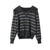[Oufan] Laqianfeng Cremallera Doble Cara Cuello Marino Rayas Suéter de Punto Cardigan Tejido de Manga Larga Ajustado para Mujer 11036