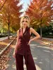 Chaleco de traje para mujer estilo americano con cuello de fruta verde y tirantes con hebilla de metal, entallado a la cintura, sin mangas, chaleco exterior de longitud media