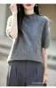 Camisa base feminina nova de malha de lã escovada, gola semi-alta, bainha enrolada sem costura, manga curta, seda-caxemira