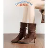 Botas Stiletto Novas Outono e Inverno 2025 para Mulheres Pretas Super Quentes Botas Plissadas Salto Alto Botas de Cavaleiro com Forro de Lã