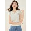 Camiseta de Manga Corta con Cuello Polo y Rayas Lindas de Cachorro, Hombro Derecho, Verano para Mujer, Tejido Fresco de Seda de Hielo, Top Corto