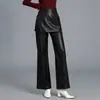 Moda Outono 2026 Versátil Calça Flare de Couro PU para Mulheres, Cintura Alta Emagrecedora com Painel Traseiro em Patchwork, Calça Casual Tendência de Cor Sólida