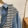 Control de rayas bi en ~ raya diplomática de color contraste azul retro holgada delgada cuello redondo jersey camiseta manga larga para mujer primavera
