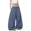 Pantalones Casuales de Cuadros Azules Estilo Retro Americano Perezoso Verano Adelgazantes con Caída Pierna Ancha Pantalones Sueltos de Largo Completo