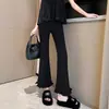 Calça Flare Cropped Preta com Barra Franzida para Mulheres Baixas 2026 Cintura Alta Emagrecedora Casual Calças de Verão Femininas Estilo Fino A12596