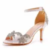 Sandalias de Tacón Alto de Satén para Novia, Boca de Pez, Boca Baja, Talla Grande, con Pedrería, Sandalias de Tacón Redondo para Boda