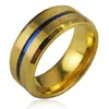 Moda Transfronteiriça Popular Europeia e Americana Anel de Moda Azul de Aço Inoxidável Ranhurado para Homens e Mulheres, Azul Ranhurado Dourado