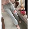 Coreia do Sul Calça Jeans Feminina Cintura Alta Doce Menina Rosa Laço de Fita Vazada Botão Claro Primavera