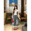 Shorts de mezclilla cortos para mujer con bordado de cachorro estilo americano, pantalones rectos anchos casuales de verano finos y holgados