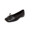 Versão em Couro de Vaca do Mesmo Estilo, Sapatilhas Bailarina de Bico Quadrado e Decote Profundo, Slip-On, com Laço, Sapatos Femininos de Couro Genuíno
