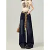 Jeans de Retazos a Cuadros Azul Gris para Mujer, Nuevo Estilo de Verano, Corte Holgado, Cintura Alta, Pierna Recta, Pantalones de Moda de Largo Completo