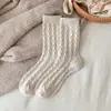 Meias Femininas de Tricô em Ponto Trançado de Cashmere Anti-Pilling para Outono e Inverno, Versáteis e Modernas, de Alta Aparência, Estilo Floresta, Cor Sólida, Meias Japonesas para Gestantes