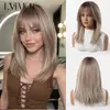 Peluca sintética popular europea y americana de color marrón degradado, longitud clavícula, con flequillo de aire natural y realista, cobertura completa de la cabeza, directo del fabricante