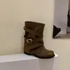 Botas Chuyuji retrô de nicho empilhadas para mulheres com fivela de cinto, salto grosso, botas de montaria de cano médio, botas curtas de verão, botas western para mulheres