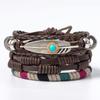 Moda Retrô Europeia e Americana Pulseira de Metal com Pena Turquesa e Couro Colorido PU Combinação Multicamadas Pulseira de Couro Trançado