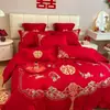 Conjunto de quatro peças para casamento, 100% algodão, vermelho vivo, para camas de noivos, incluindo lençóis e fronhas de edredom, alta qualidade, algodão puro, perfeito para o quarto de recém-casados