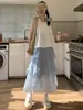 Saia midi com barra de renda estilo preguiçoso para mulheres, saia fofa em camadas de cintura alta em A, saia midi estilo doce casual e suave
