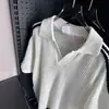 Suministro Especial Transfronterizo Verano Hueco Transpirable Cuello en V Top para Hombre Retro Americano Holgado Casual Sentido del Diseño Solapa Tejido