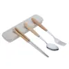 Juego de Tres Piezas de Acero Inoxidable con Mango de Madera, Estilo Japonés, Cuchara, Tenedor y Palillos, Cubiertos Portátiles, Set de Regalo Creativo