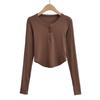 Camiseta Base Sexy Europea y Americana de Algodón con Hilo de Cuello Redondo Pequeño para Mujer, Bajo con Arco y Hebilla, Ombligo Corto Descubierto