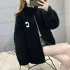 Suéter de terciopelo de doble cara con cremallera y letras bordadas para mujer, cárdigan de cuello alto medio cálido de invierno, abrigo de polar grueso con cremallera