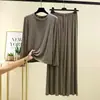 Conjunto de dos piezas de modal con pantalones largos de manga larga para mujer, camiseta fina de cuello redondo para otoño, conjunto de pijama holgado talla grande, ropa de estar