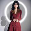 Estilo Retro Hong Kong Vestir vestido de veludo cotelê cor vinho tinto Outono e Inverno Senso de Alto Padrão Vestir de Irmã Real Vestido Longo Super Bonito