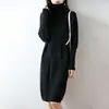 Vestido de Tricô Gola Alta 100% Lã Novo Outono/Inverno 2026 Manga Longa Feminino Cor Sólida Solto Bolso Duplo Comprimento Médio